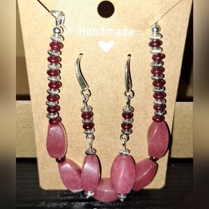 Fancy Twisted Pink Rhodonite & Garnet Beaded Bracelet Earring Set in Silver